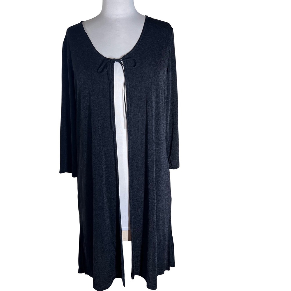 Kathy Ireland Black Duster Cardigan Tie Front 3/4 Sleeve Side Slit Large L